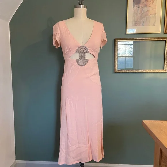 Free People | Dresses | Free People Pink Dress Empire Waist Cutout Midi  Length Beaded | Poshmark